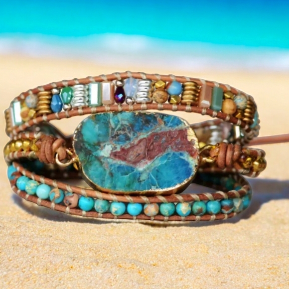 🆕️Boho-Chic 3-Layer Leather Wrap Bracelet | Chrysocolla Jasper 🌊 Natural Stone - Picture 11 of 12